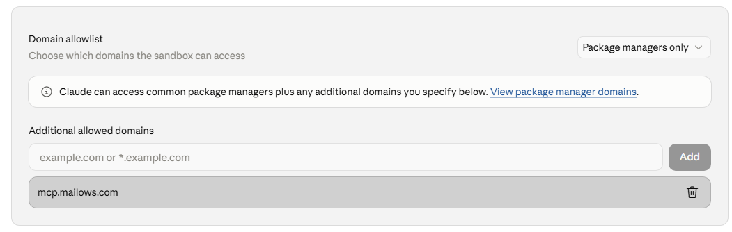 Claude settings: Domain allowlist with mcp.mailows.com added
